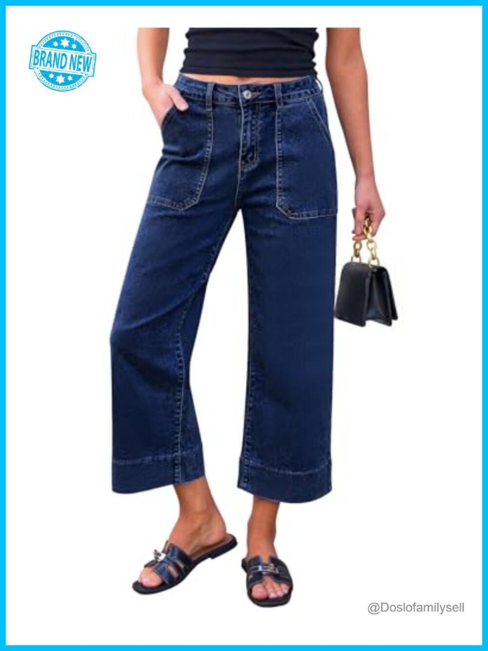 High Waisted Wide Leg Capri Jeans Stretchy Denim Cropped Pants